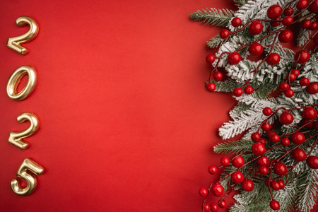 Christmas and Happy New year 2025 with glitter decorations on red bright background. Holiday party...
