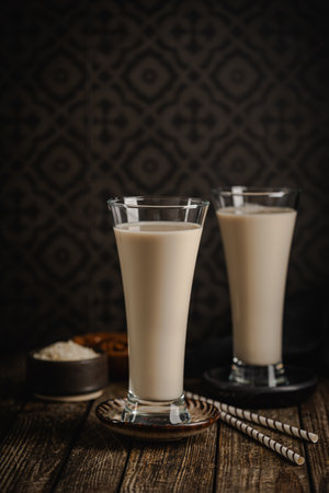Tiger nut milk. Refreshing cold drink from Valencia. Horchata de chufa. Horchata with riceの写真素材