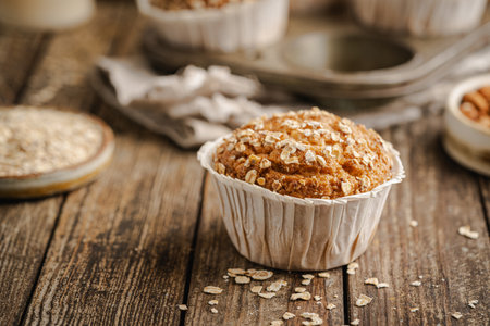 Home Baked Superfood Muffins With Oats, Seeds, Banana, Honey and nut milk. Healthy food and health lifeの写真素材