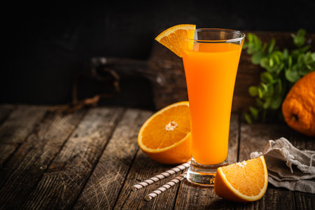 Fresh organic orange drink or cocktail in a glass cup with an orange slice on a wooden table.の写真素材
