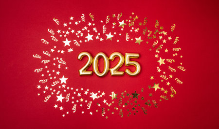 Christmas and Happy New year 2025 with gold glitter decorations on red bright background. Holiday...