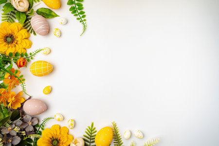 Happy Easter background with easter eggs and spring flowers. Easter background with copy space. Flat lay. High quality photo with white backgroundの写真素材