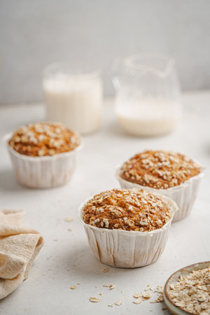 Home Baked Superfood Muffins With Oats, Seeds, Banana, Honey and nut milk. Healthy food and health lifeの写真素材