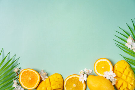 Summer colorfull concept with tropical fruits and leaves on green background, flat lay, top view, copy spaceの写真素材