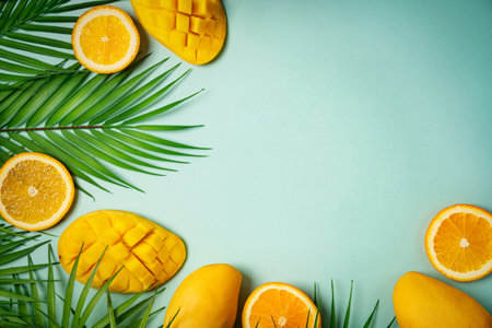 Summer colorfull concept with tropical fruits and leaves on green background, flat lay, top view, copy spaceの写真素材