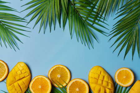 Summer colorfull concept with tropical fruits, ice and leaves on blue background, flat lay, top view, copy spaceの写真素材