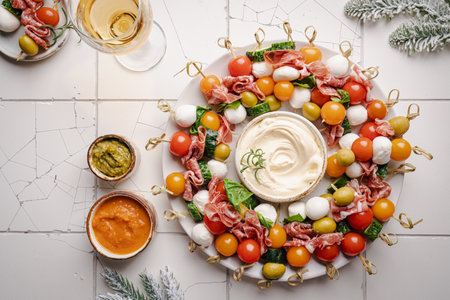 Appetizer and refreshment set. Plate of canapes with vegetables, cheese, salami and olives decorated for party table, top viewの写真素材