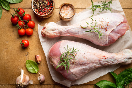 Raw turkey thigh with spices on a brown board, top viewの写真素材