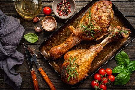 baked fried turkey thighs, rubbed with spices and salt on a baking sheet with garlic and rosemary on dark background, top viewの写真素材