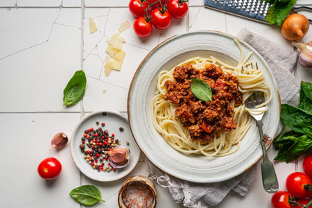 Pasta spaghetti bolognese with minced beef sauce, tomatoes, parmesan cheese and fresh basil in a plate on white tile background. Italian food, top viewの写真素材