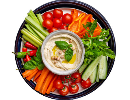 Hummus platter with assorted snacks. Hummus in bowl and vegetables sticks. Plate with Middle Eastern. Party, finger food. Top view. Vegan, hummus dipの写真素材