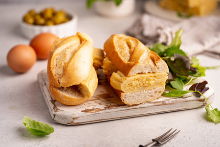 Spanish potato omelette sandwich. Typical Spanish food, Bocadillo de tortilla espanola very popular snack in Spain on white rustic backgroundの写真素材