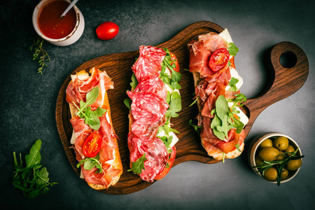 Assorted delicious baguette sandwiches filled with thinly sliced ham or salami and fresh green lettuce or arugula for breakfast arranged on dark background, top view with copy spaceの写真素材