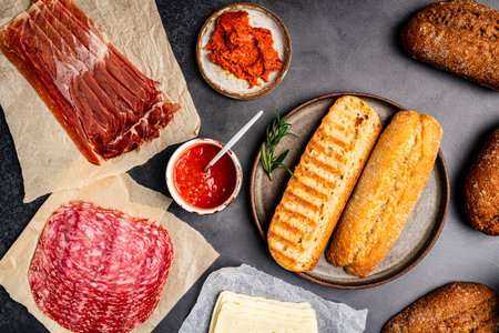 Assorted delicious ingredients for baguette sandwiches filled with thinly sliced ham or salami or Salchichon extra or jamon for breakfast arranged on dark background, top view with copy spaceの写真素材