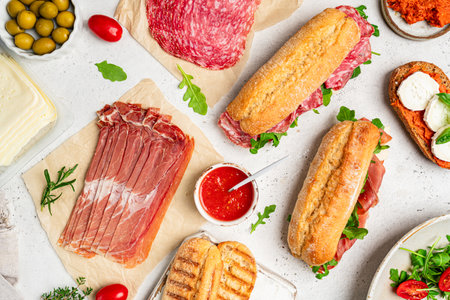 Assorted delicious baguette sandwiches filled with thinly sliced ham or salami and fresh green lettuce or arugula for breakfast arranged on white background, top view with copy spaceの写真素材