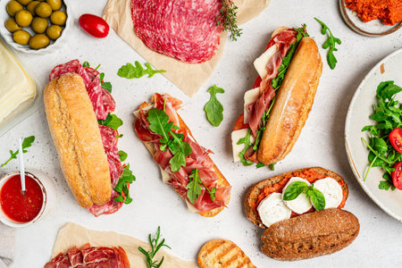 Assorted delicious baguette sandwiches filled with thinly sliced ham or salami and fresh green lettuce or arugula for breakfast arranged on white background, top view with copy spaceの写真素材