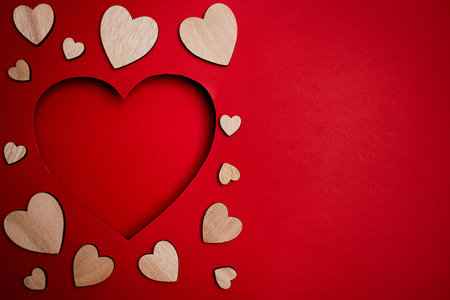 Red Heart On Red Paper Background For Happy San Valentine Day. Valentines Day festive bannerの写真素材