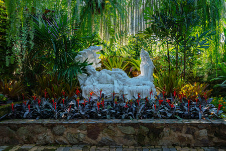 Tropical Botanical Garden with big tropical plants and flowers is a 500-acre botanical garden and tourist attraction in Thailand. Green eco azian garden.の写真素材