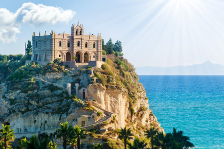 Former 4th century monastery on top of the Sanctuary of Santa Maria Island - Tropea, Calabria, Italy. Tropea Beach at Tyrrhenian Sea.の写真素材