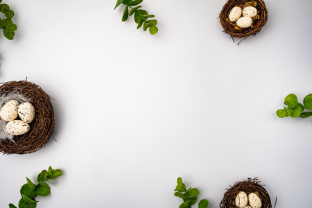 Easter background with eggs in nest. Easter background with copy space. Flat lay. High quality photoの写真素材