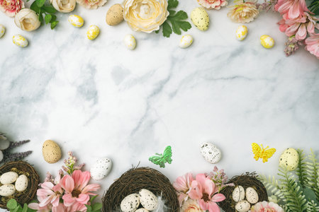 Happy Easter background with easter eggs in nest and spring flowers. Easter background with copy...