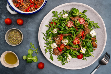 Warm beef meat salad with arugulaの写真素材