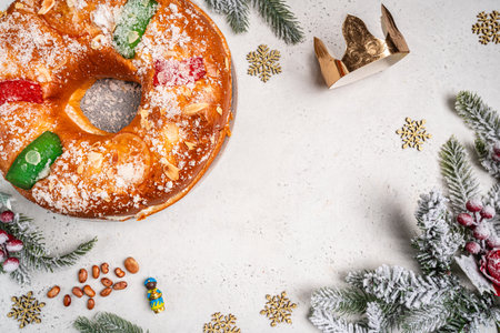 Roscon de reyes is a traditional Spanish Christmas pastry cakeの写真素材