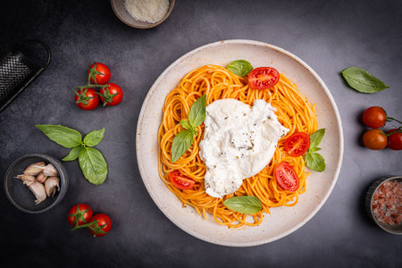 Pasta spaghetti with burrata and tomatoesの写真素材