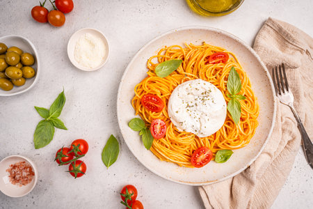 Pasta spaghetti with burrata and tomatoesの写真素材