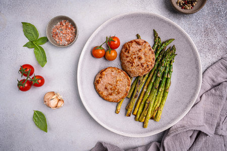 Grilled turkey burgers or cutlets and green asparagusの写真素材