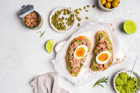 Tuna toast with boiled eggの写真素材