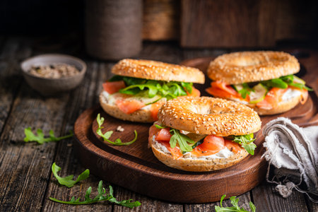 Bagel sandwich with salmonの写真素材