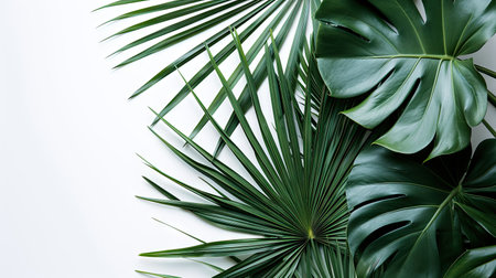 Top view of tropical palm leaves branch and plant isolated on white background with copy space.の写真素材
