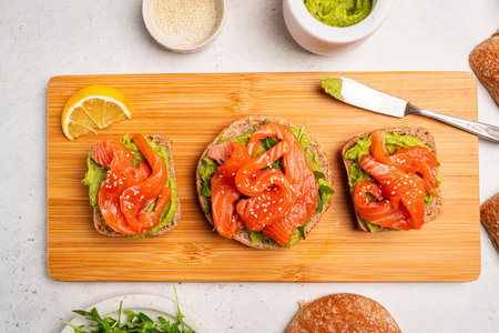 Avocado salmon sandwichの写真素材