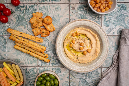 Various hummus dips, healthy and vegan snackの写真素材