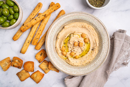 Various hummus dips, healthy and vegan snackの写真素材