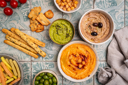 Various hummus dips, healthy and vegan snackの写真素材