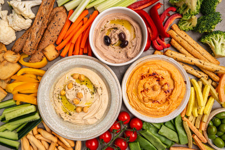 Various hummus dips, healthy and vegan snackの写真素材