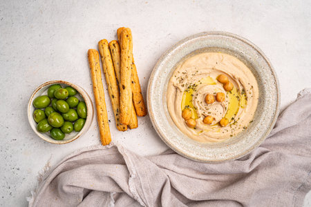 Various hummus dips, healthy and vegan snackの写真素材