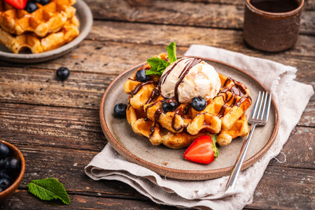 Tasty Belgian waffles with fresh berriesの写真素材
