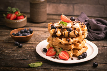 Tasty Belgian waffles with fresh berriesの写真素材