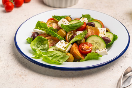 Greek salad with fresh vegetablesの写真素材