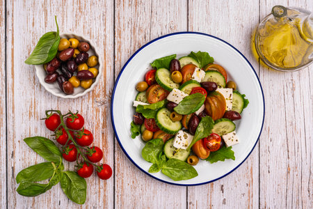 Greek salad with fresh vegetablesの写真素材