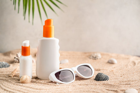 Sunblock or sunscreen in cosmetic tubeの写真素材