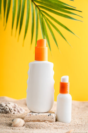 Sunblock or sunscreen in cosmetic tubeの写真素材