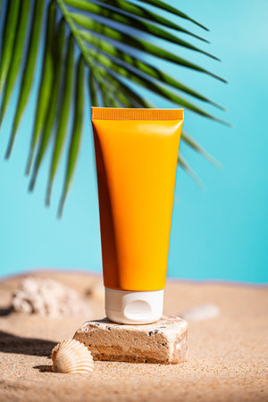 Sunblock or sunscreen in cosmetic tubeの写真素材