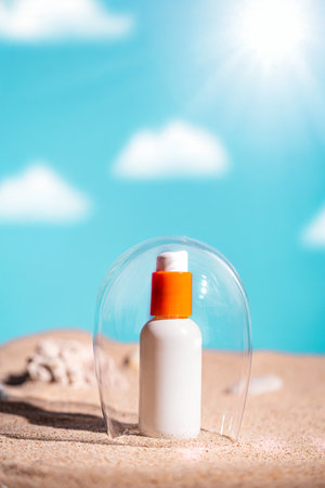 Sunblock or sunscreen in cosmetic tubeの写真素材