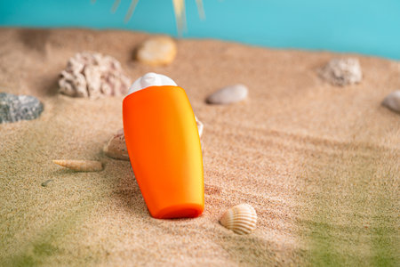 Sunblock or sunscreen in cosmetic tubeの写真素材