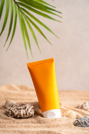Sunblock or sunscreen in cosmetic tubeの写真素材
