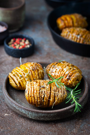 Baked hasselback potatoesの写真素材